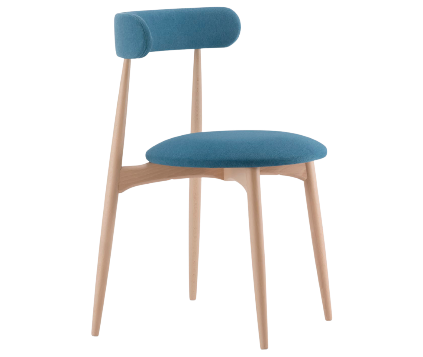 Cizeta Frisbee 2433 hospitality chair in front-right view, timber frame, blue upholstered seat and backrest.