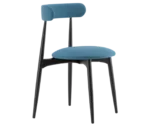 Cizeta Frisbee 2433 hospitality chair in front-right view, black timber frame, blue upholstered seat and backrest.
