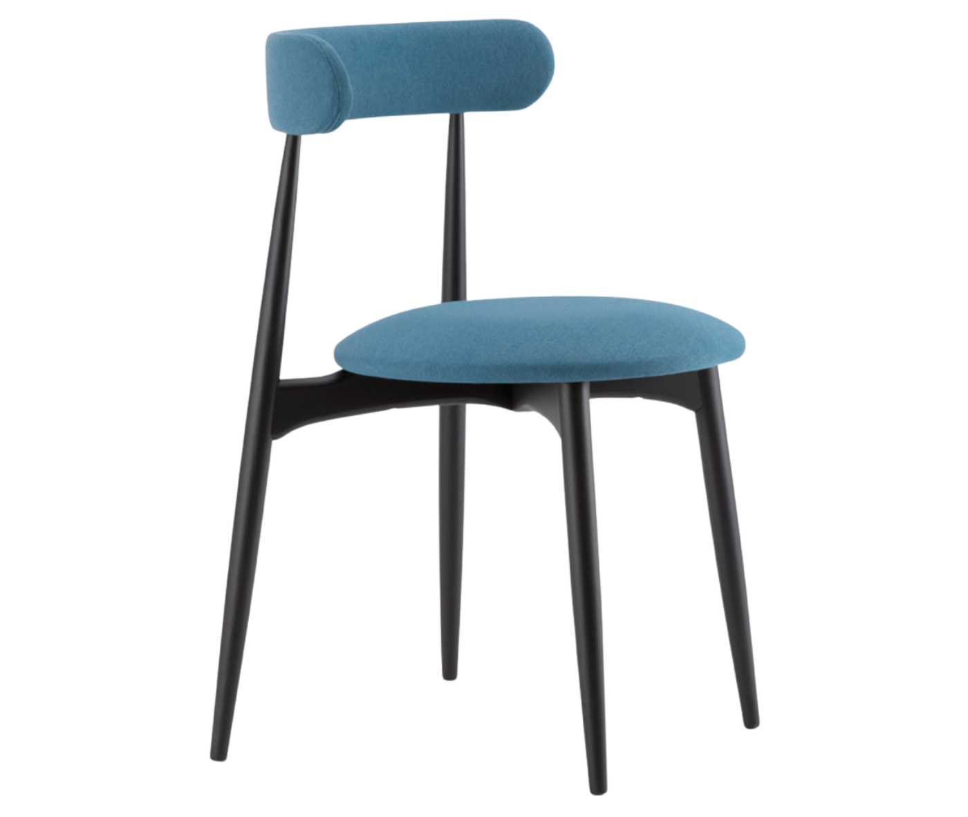 Cizeta Frisbee 2433 hospitality chair in front-right view, black timber frame, blue upholstered seat and backrest.