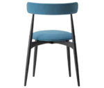 Cizeta Frisbee 2433 hospitality chair in back view, black timber frame, blue upholstered seat and backrest.
