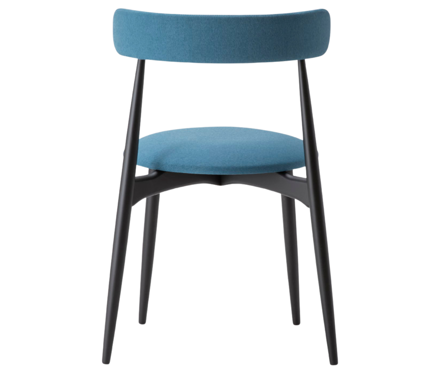 Cizeta Frisbee 2433 hospitality chair in back view, black timber frame, blue upholstered seat and backrest.