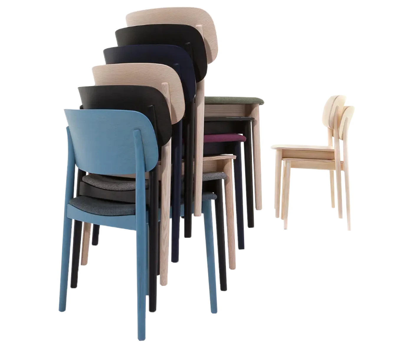 Cizeta Grado 2541 chairs shown stacked in back view with assorted frame and seat colours.