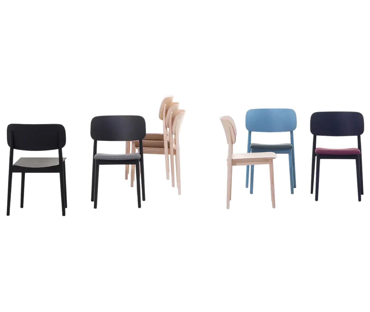 Cizeta Grado 2541 hospitality chairs lined up with assorted frame and seat colours.
