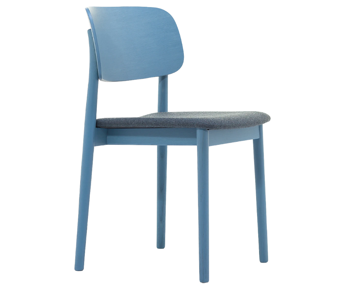 Cizeta Grado 2541 hospitality chair in front-right view blue timber frame and upholstered seat.