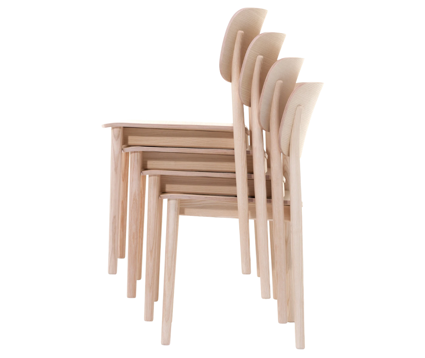 Cizeta Grado 2541 hospitality chairs shown stacked in left-side view in light ash timber.