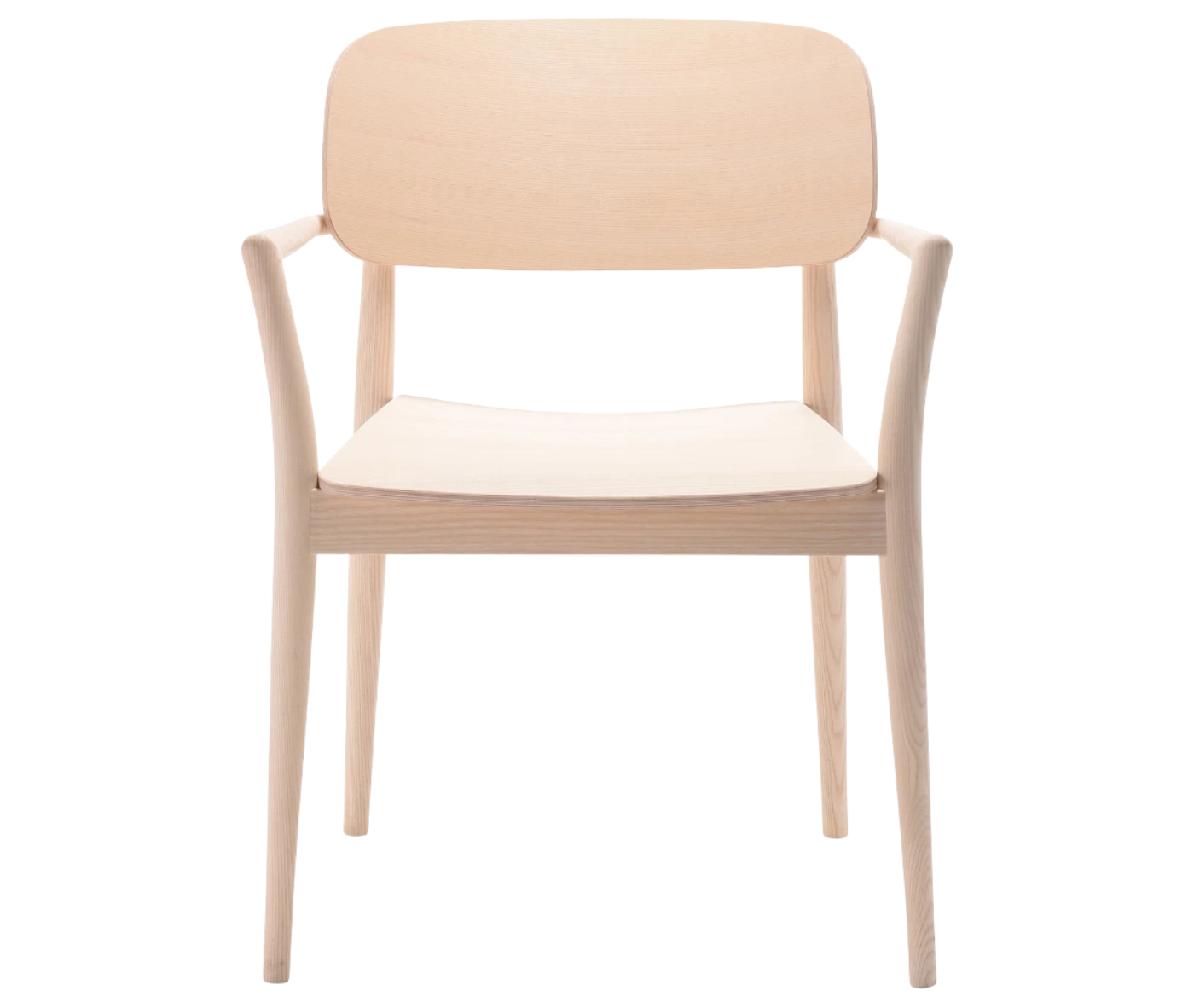 Cizeta Grado 2542 hospitality chair in front view light timber frame, armrests, and backrest.