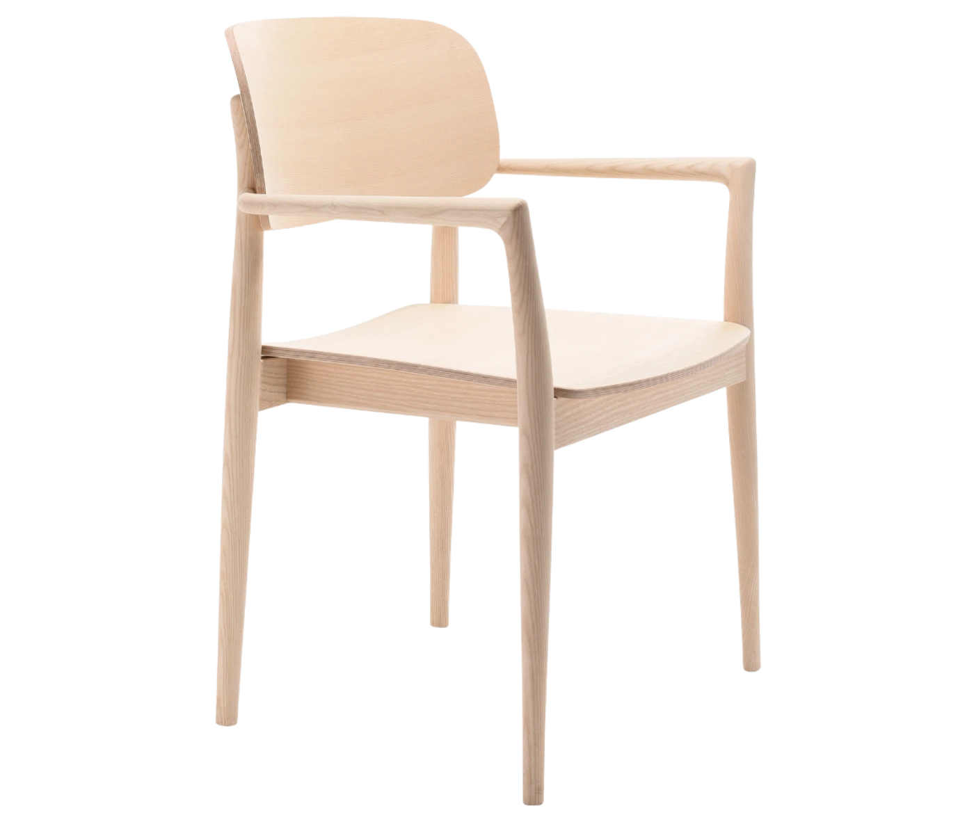 Cizeta Grado 2542 hospitality chair in front-right view light timber frame, armrests, and backrest.