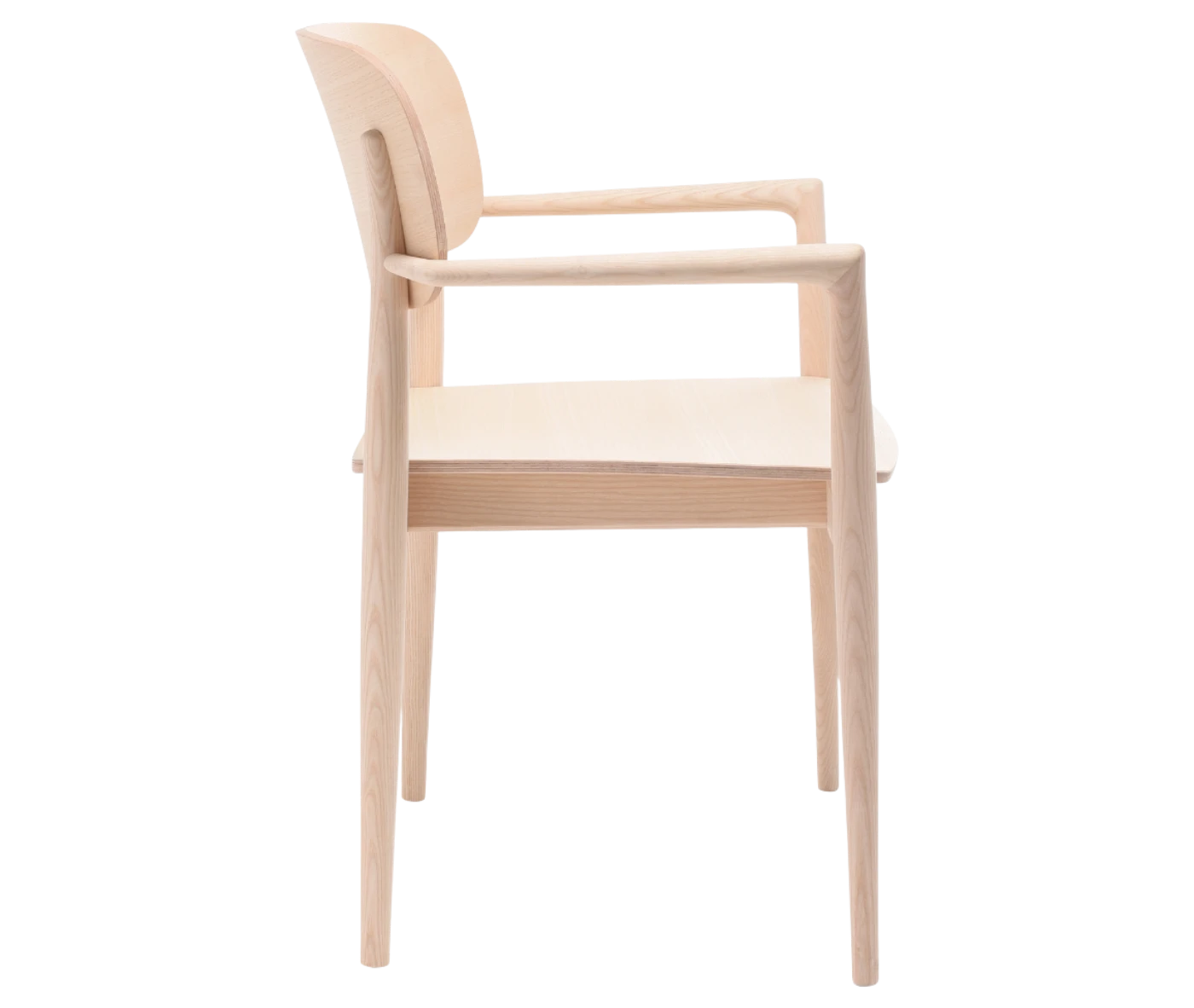 Cizeta Grado 2542 hospitality chair in left-side view light timber frame, armrests, and backrest.