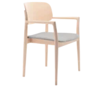 Cizeta Grado 2542 hospitality chair in left-side view light timber frame, armrests, grey upholstered seat.