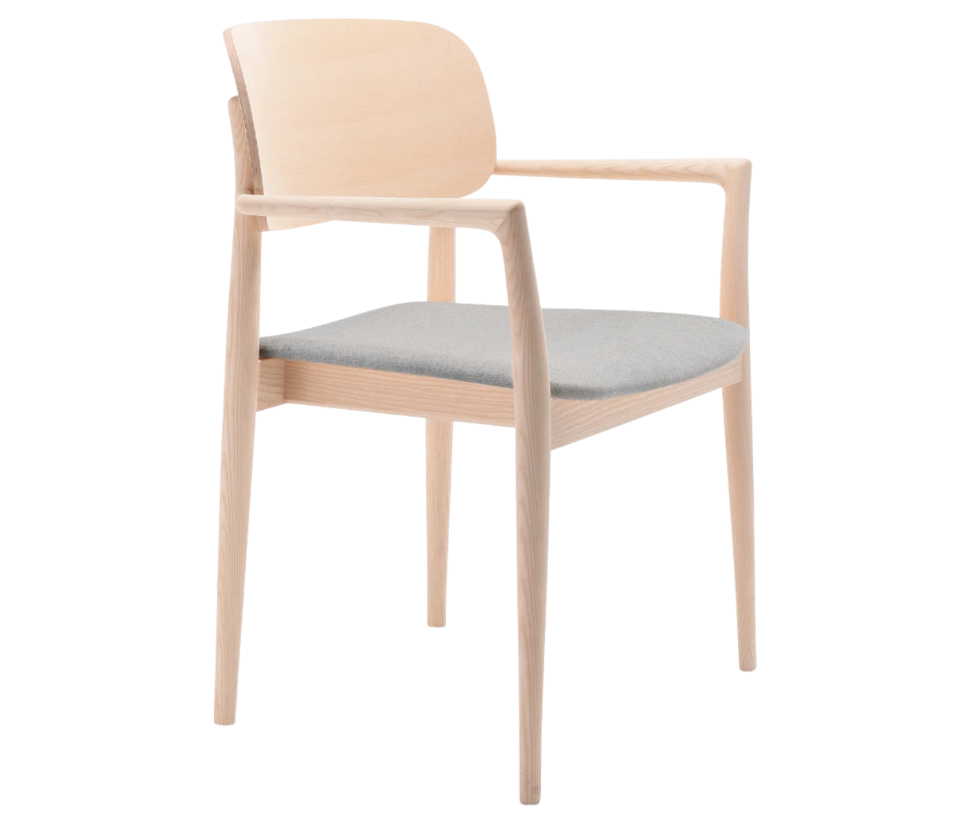 Cizeta Grado 2542 hospitality chair in left-side view light timber frame, armrests, grey upholstered seat.