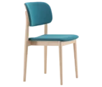 Cizeta Grado 2544 hospitality chair in front-right view, timber frame, blue upholstered seat and backrest.