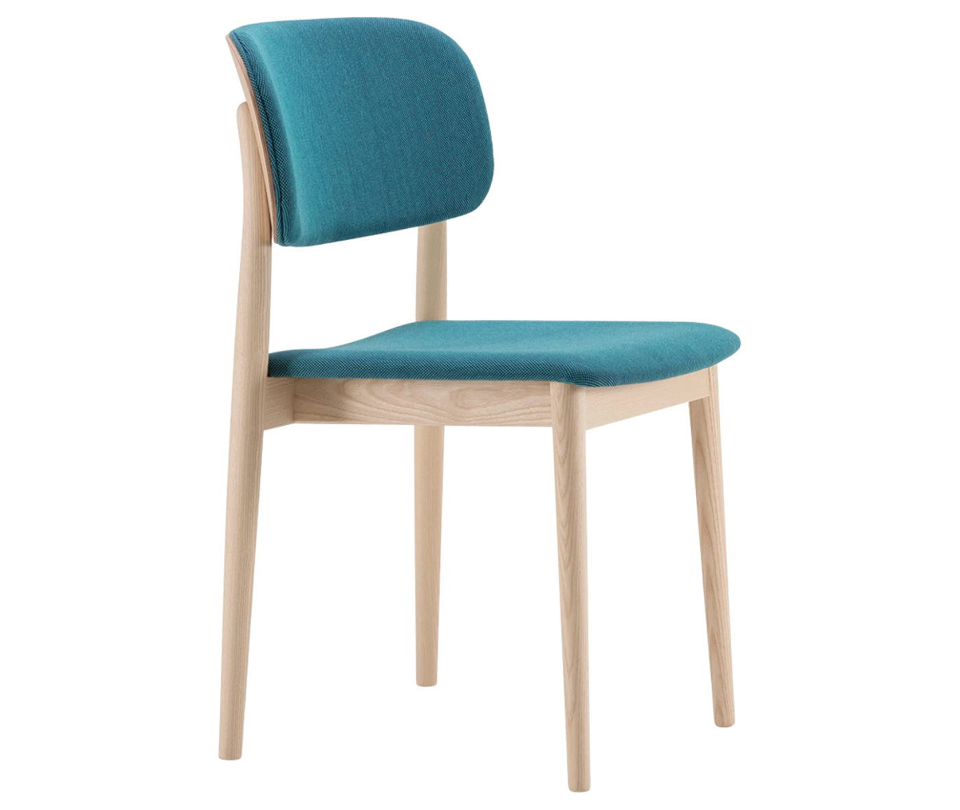 Cizeta Grado 2544 hospitality chair in front-right view, timber frame, blue upholstered seat and backrest.