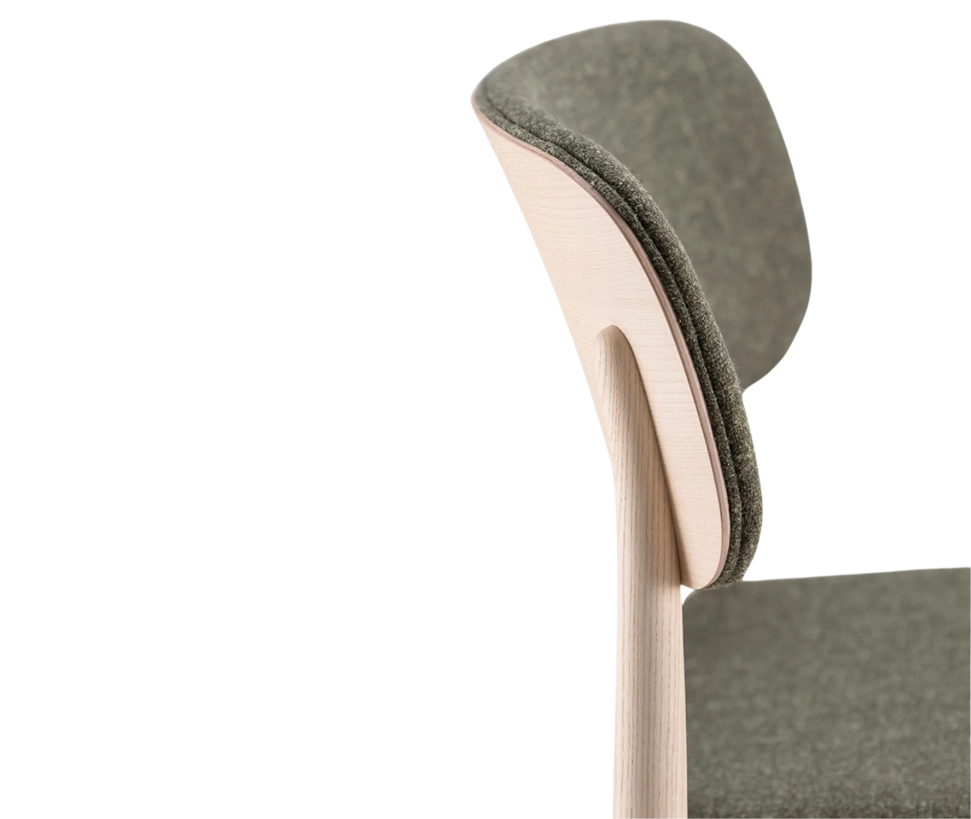 Close-up view of Cizeta Grado 2544 chair, light timber frame, grey upholstered seat and backrest.