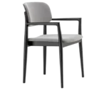 Cizeta Grado 2544 chair in front-right view, black timber frame, grey upholstered seat and backrest, with armrest.
