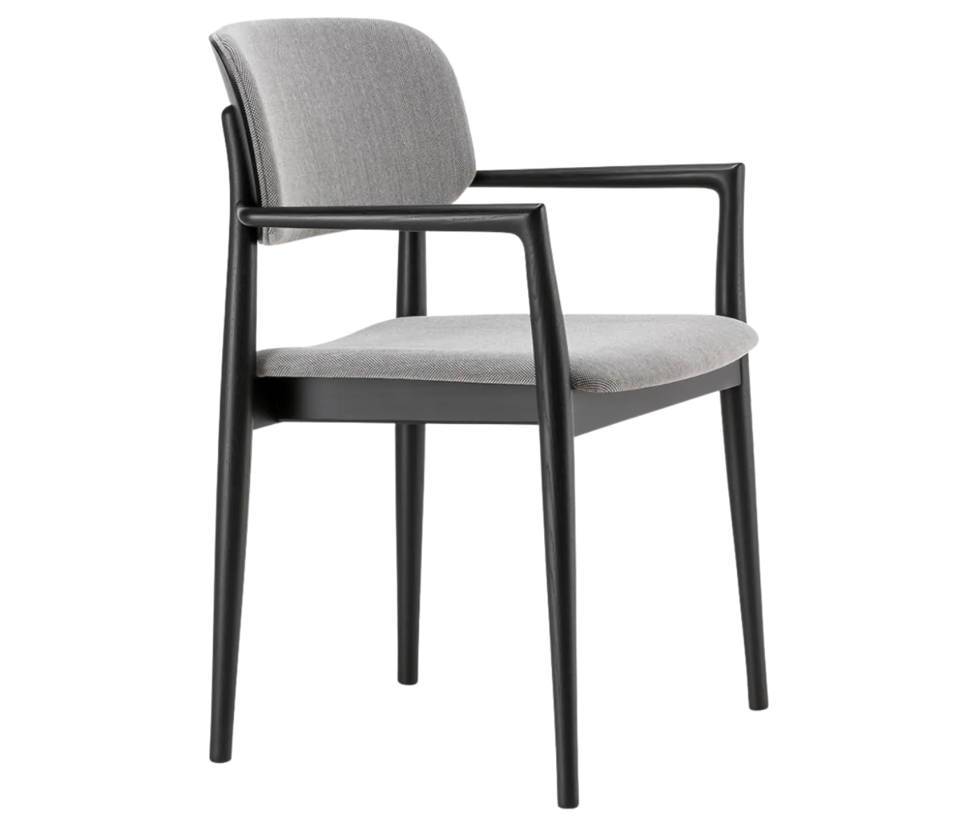 Cizeta Grado 2544 chair in front-right view, black timber frame, grey upholstered seat and backrest, with armrest.