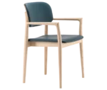 Cizeta Grado 2544 chair in front-right view, light timber frame, blue upholstered seat and backrest, with armrest.