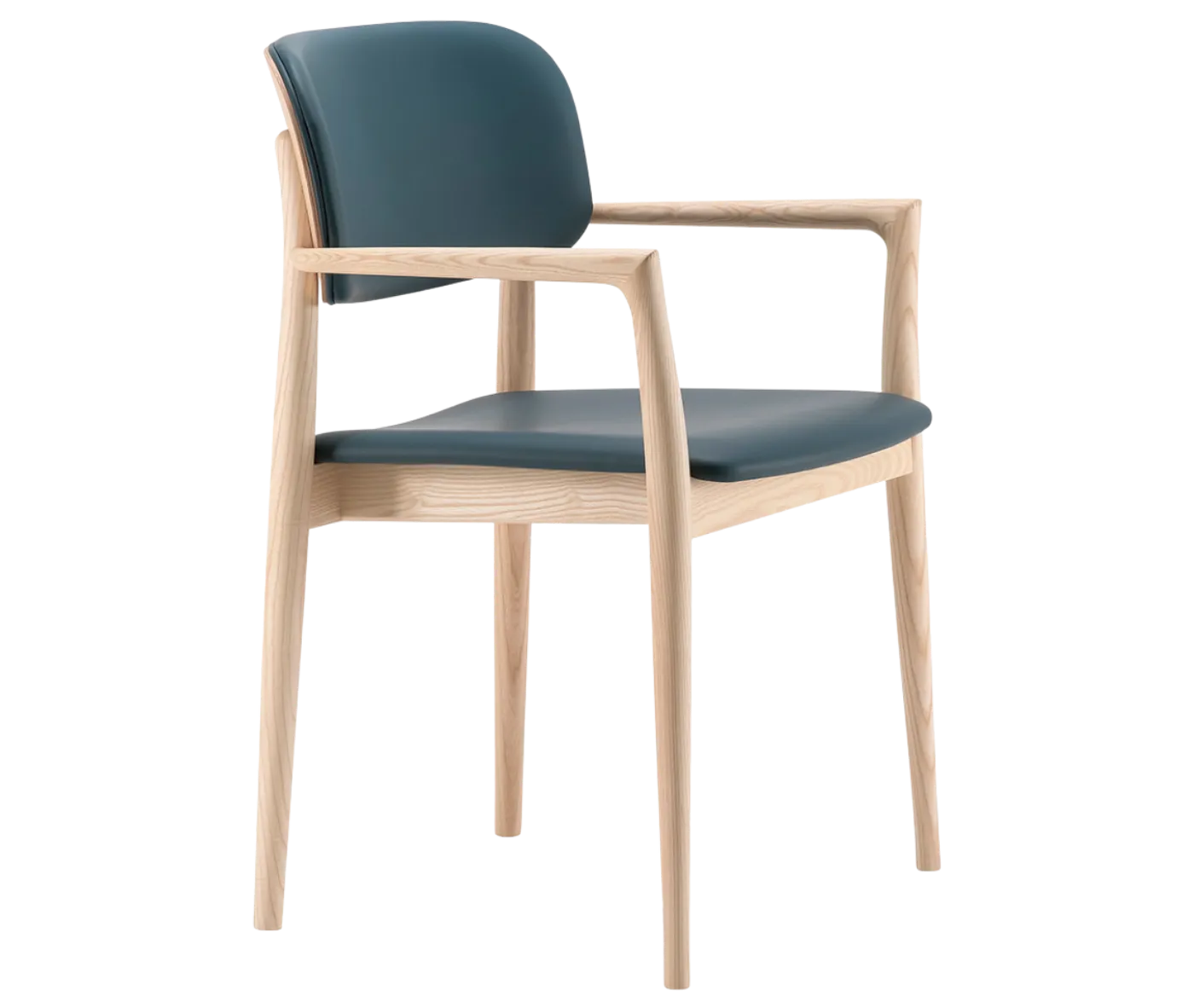 Cizeta Grado 2544 chair in front-right view, light timber frame, blue upholstered seat and backrest, with armrest.