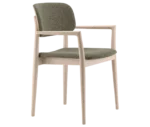 Cizeta Grado 2544 chair in front-right view, light timber frame, grey upholstered seat and backrest, with armrest.