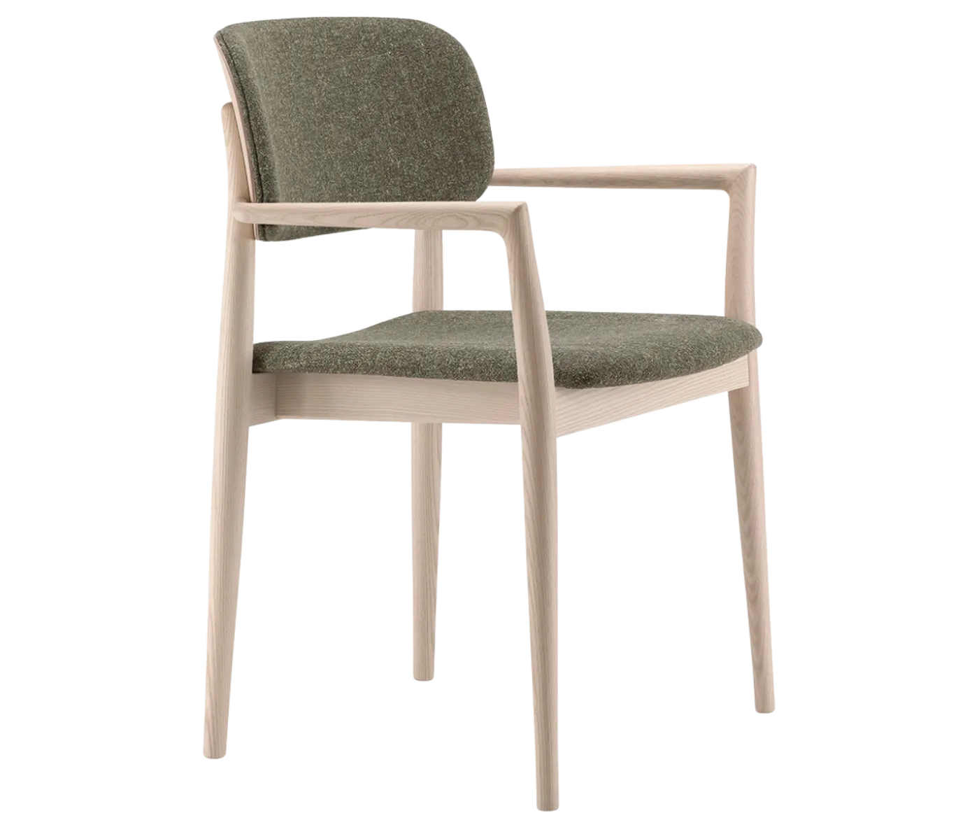 Cizeta Grado 2544 chair in front-right view, light timber frame, grey upholstered seat and backrest, with armrest.