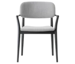 Cizeta Grado 2544 chair in front, black timber frame, grey upholstered seat and backrest, with armrest.