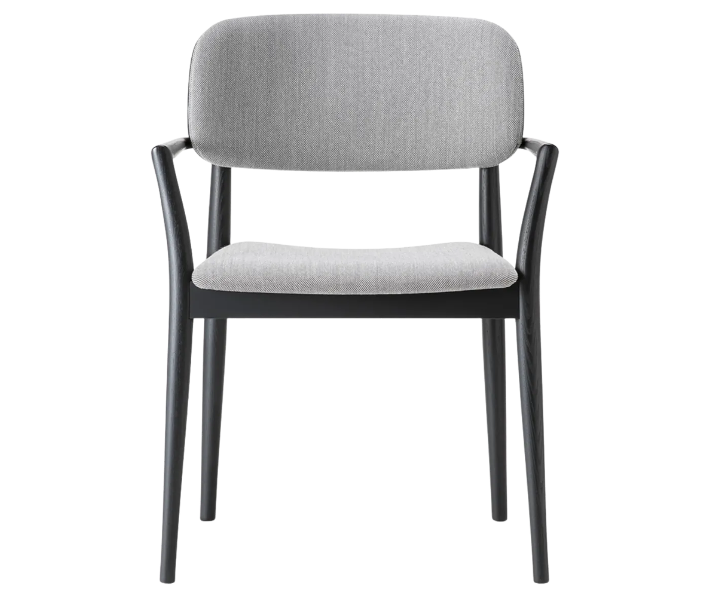 Cizeta Grado 2544 chair in front, black timber frame, grey upholstered seat and backrest, with armrest.