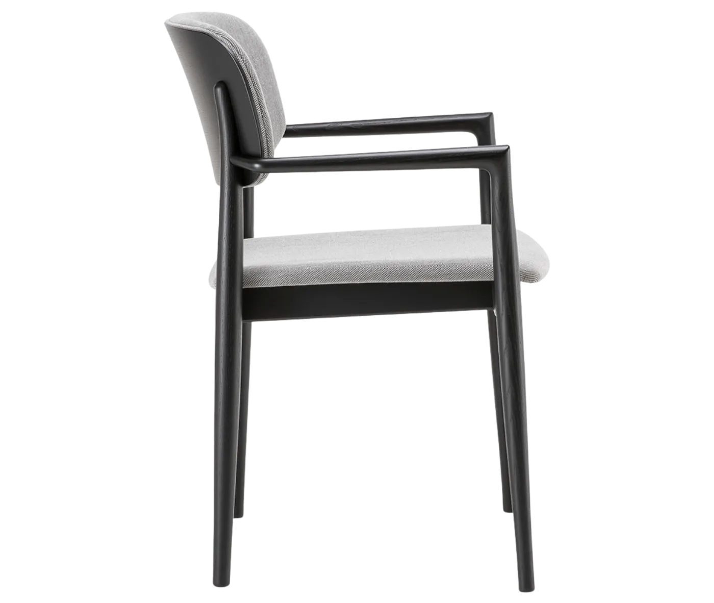 Cizeta Grado 2544 chair in left-side view, black timber frame, grey upholstered seat and backrest, with armrest.
