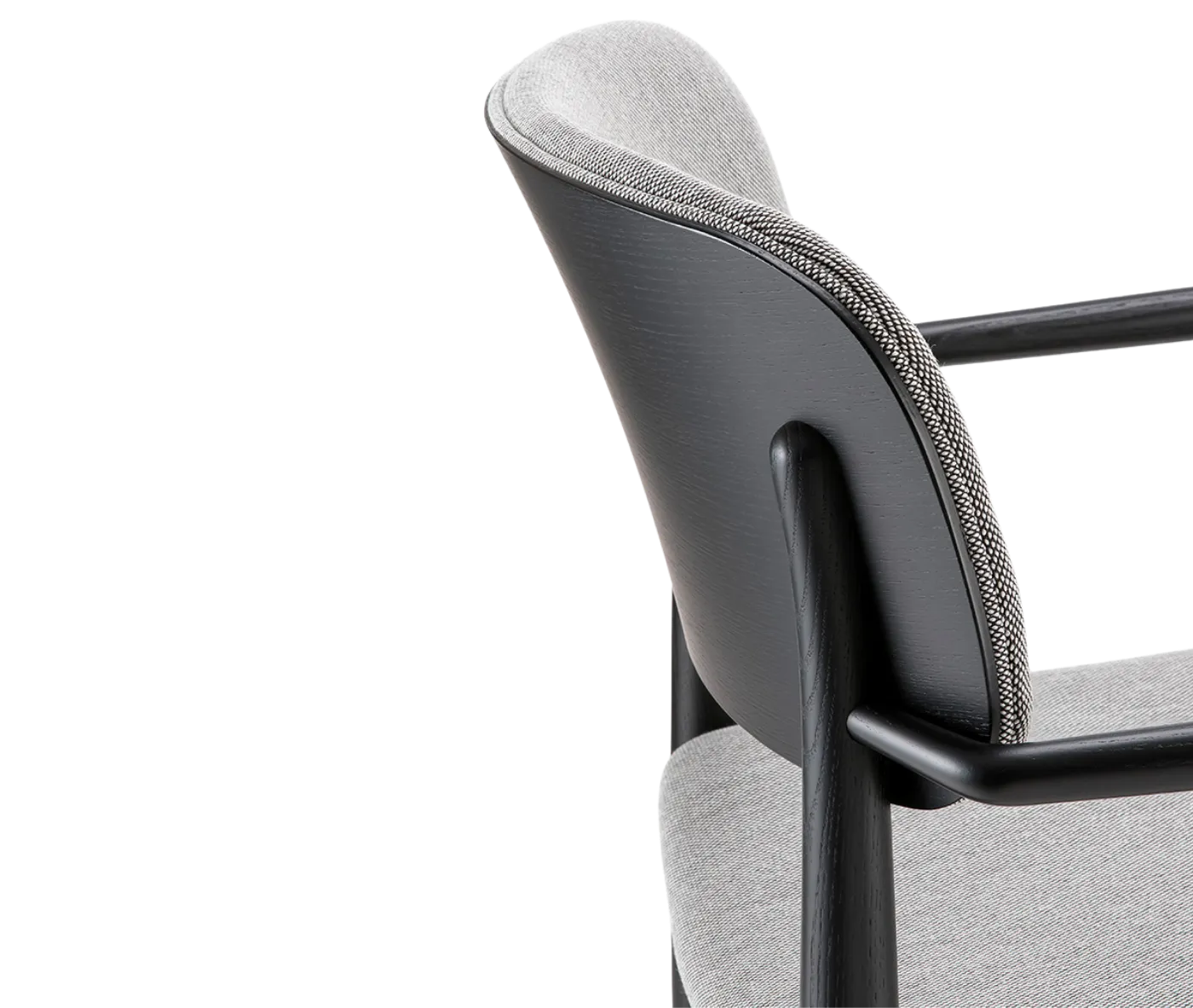 Detail of Cizeta Grado 2545 black timber frame and grey upholstered backseat.