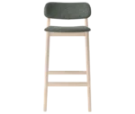 Cizeta Grado 2541 hospitality stool in front view light timber frame and upholstered seat and backrest.
