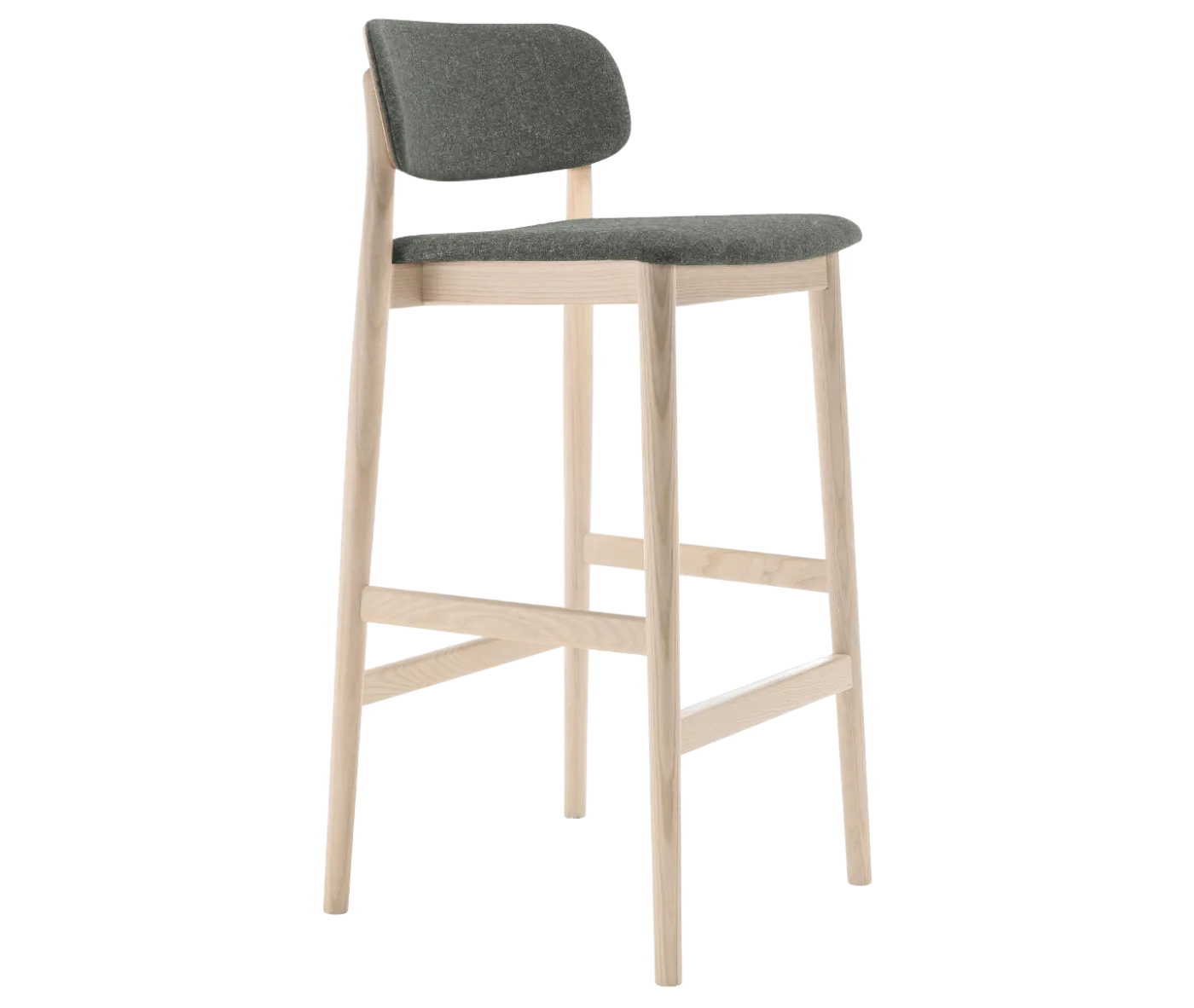 Cizeta Grado 2541 hospitality stool in front-right view light timber frame and upholstered seat and backrest.