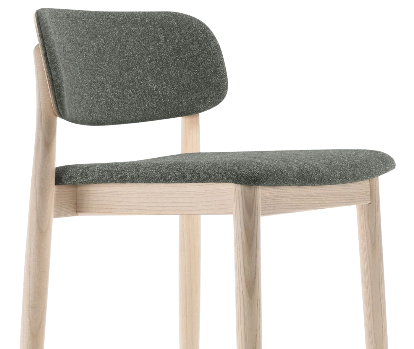Close up of Cizeta Grado 2541 stool in light timber frame and upholstered seat and backrest.