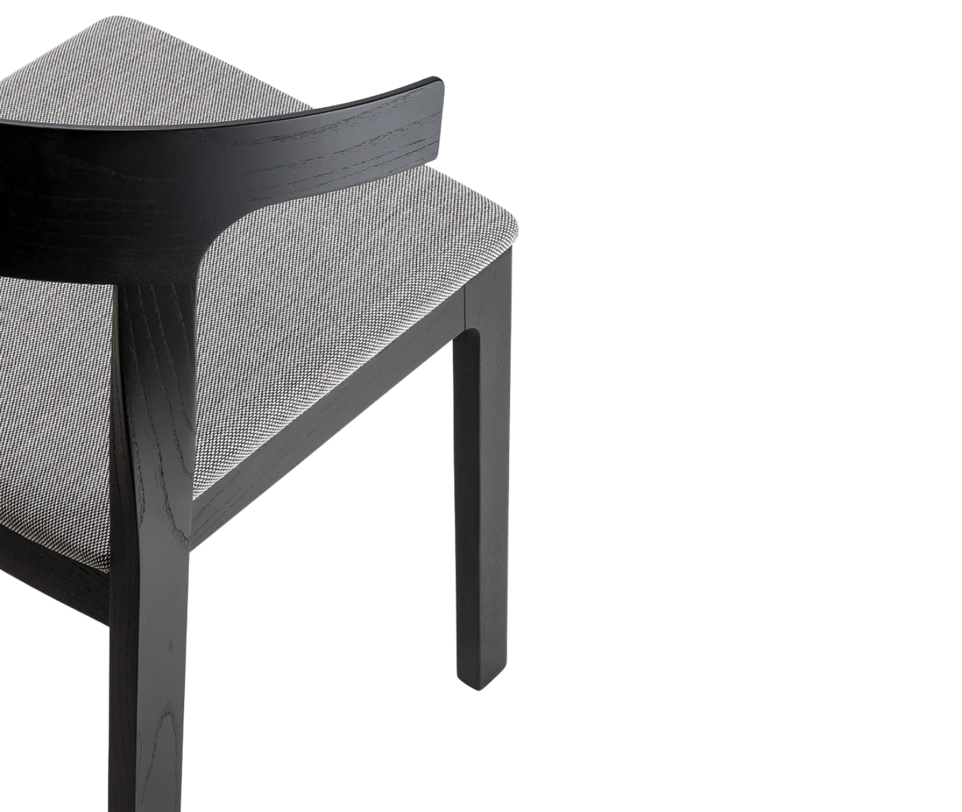 Close-up of Cizeta Torso chair shown in half rear view, black timber frame and grey upholstered seat.