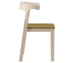 Cizeta Torso chair in front view, timber frame light green upholstered seat.