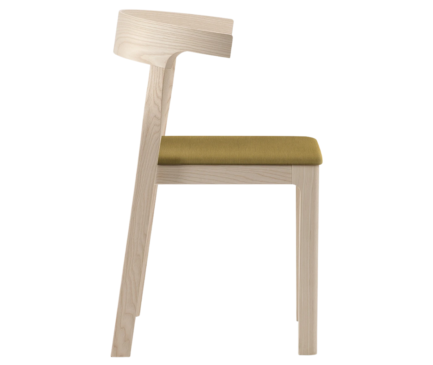 Cizeta Torso chair in front view, timber frame light green upholstered seat.