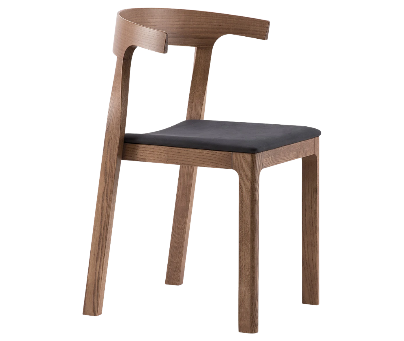 Cizeta Torso chair in front-right view, dark brown timber frame black upholstered seat.