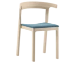 Cizeta Torso chair in front-right view, light timber frame blue upholstered seat.