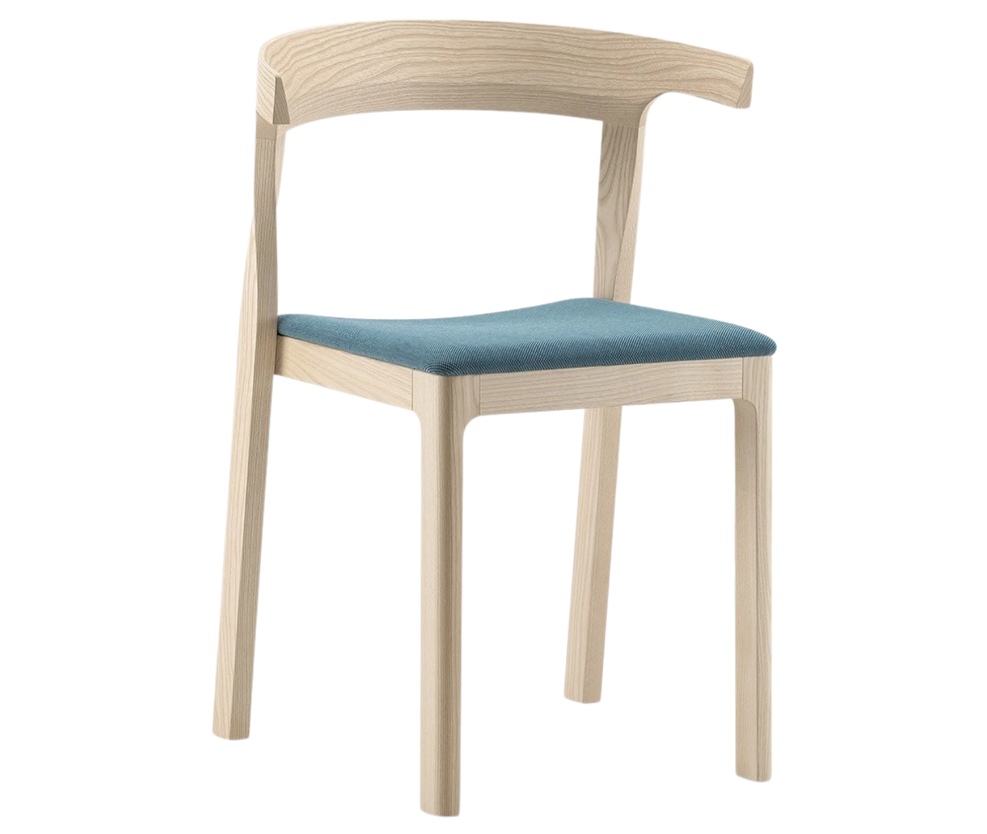 Cizeta Torso chair in front-right view, light timber frame blue upholstered seat.