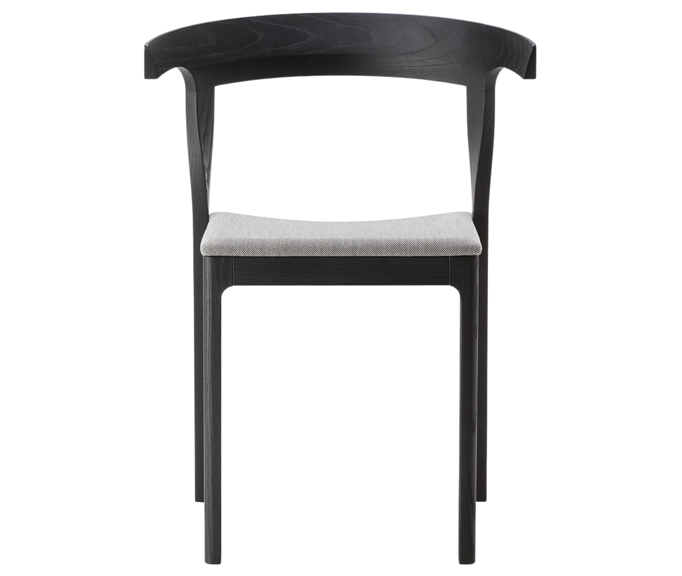 Cizeta Torso chair in front view, black timber frame and grey upholstered seat.
