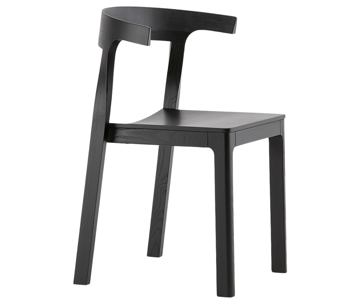 Cizeta Torso chair in front-right view, black timber frame and curved backrest.
