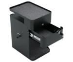 Elevar Anti-Gravity Caddy storage unit, black metal frame, felt-lined shelves, and open pull-out drawer.