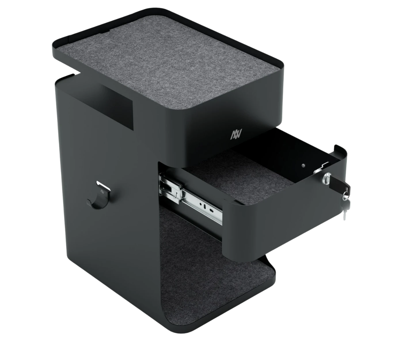Elevar Anti-Gravity Caddy storage unit, black metal frame, felt-lined shelves, and open pull-out drawer.