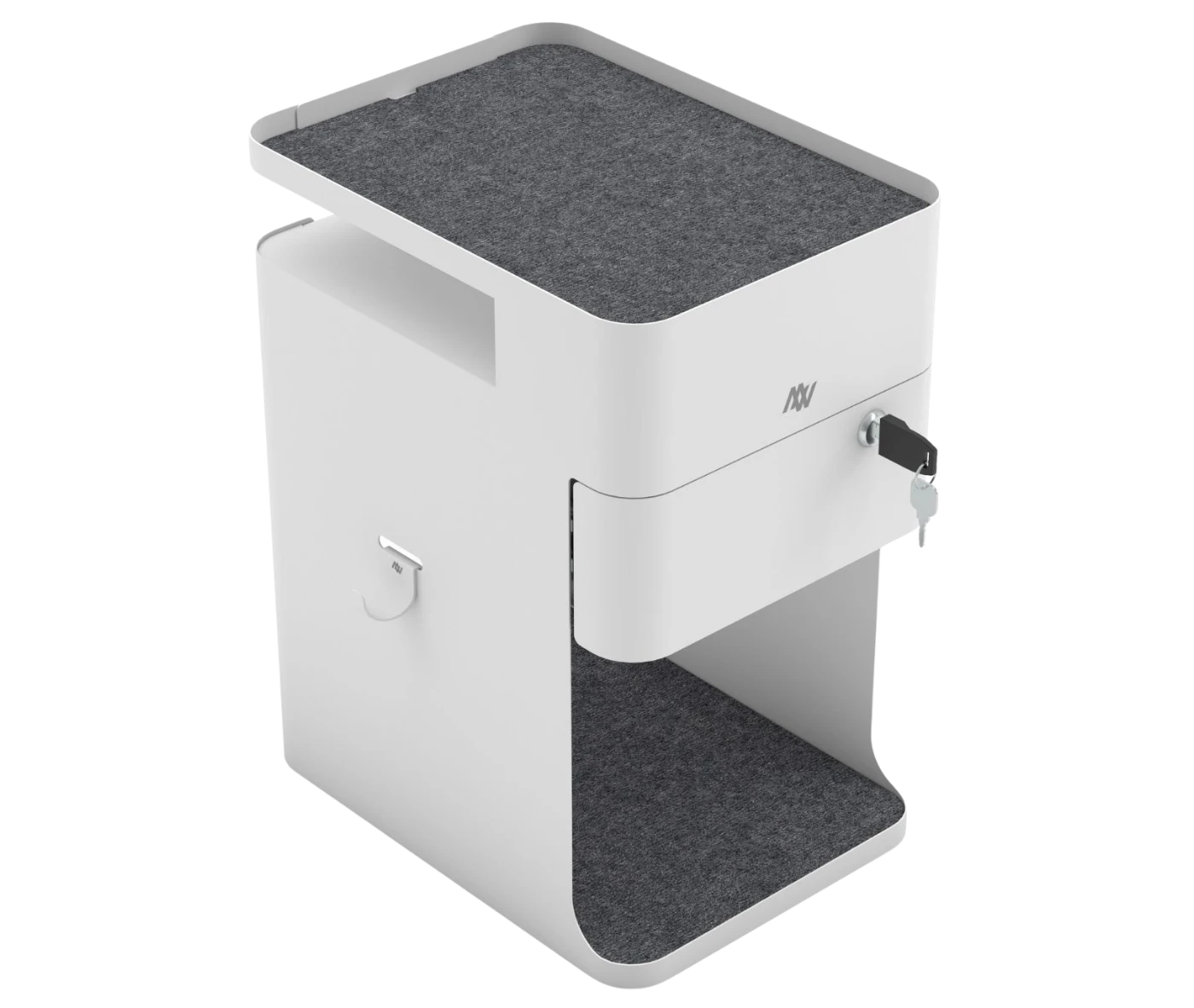 Elevar Anti-Gravity Caddy storage in front-right view, black metal frame, and felt-lined shelves.