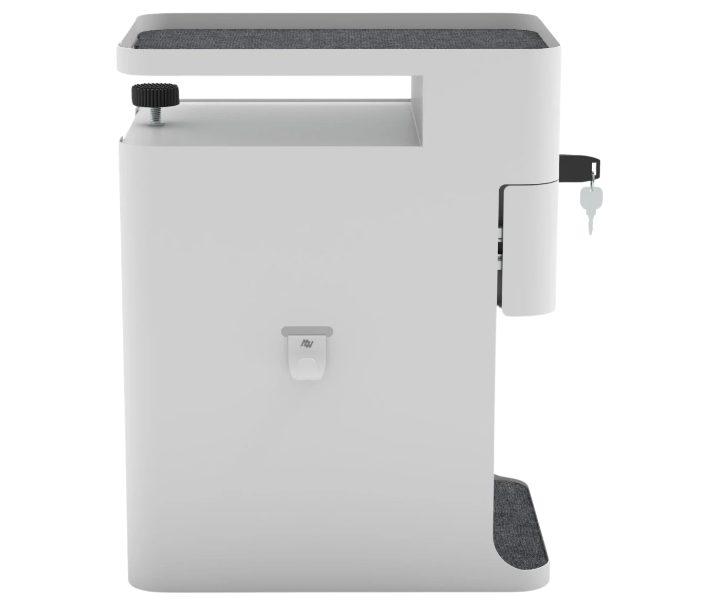 Elevar Anti-Gravity Caddy storage in side view, black metal frame, and felt-lined shelves.