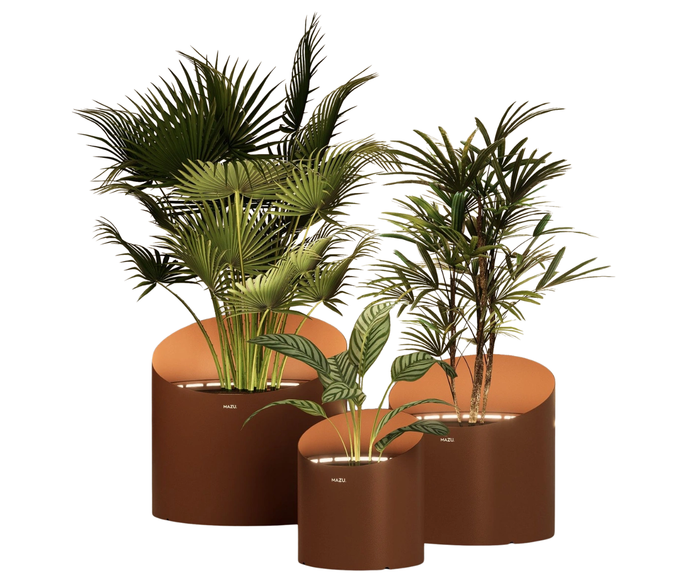 Mazu Cubitus Rectangle planter with tapered form, olive green finish and integrated Luminor lights.