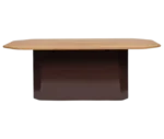 NEATT Petra occasional table front view of rectangular table with timber tabletop and sculptural pedestal base.