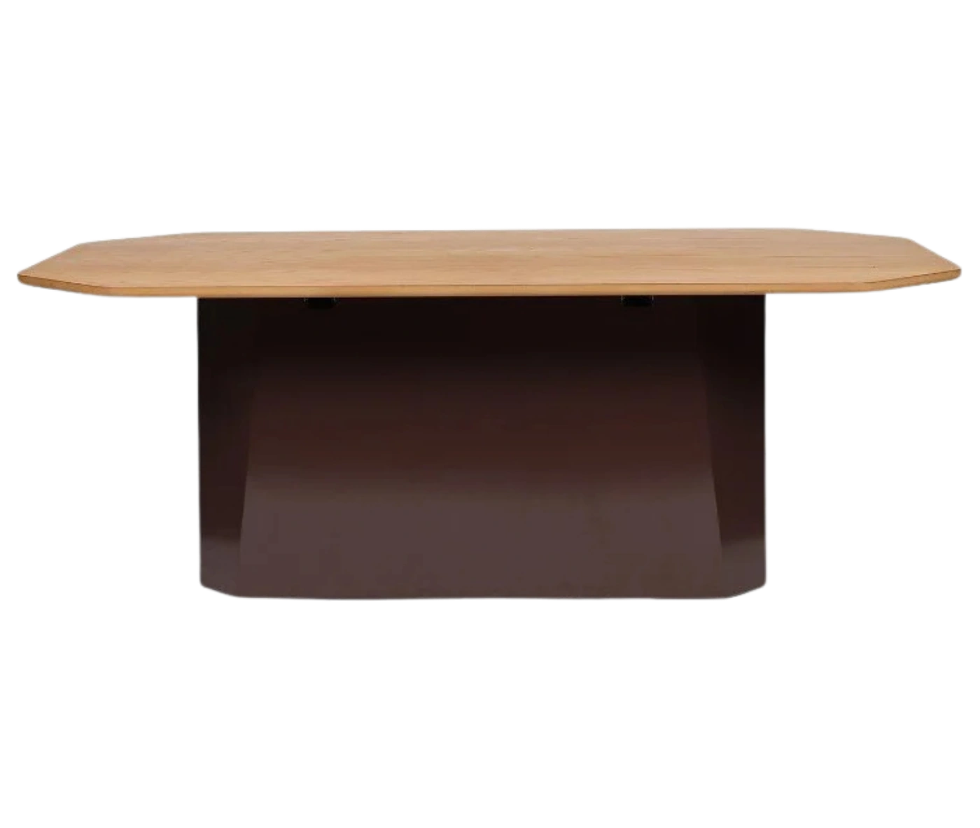 NEATT Petra occasional table front view of rectangular table with timber tabletop and sculptural pedestal base.