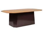NEATT Petra occasional table front-right view of rectangular table with timber tabletop and sculptural pedestal base.
