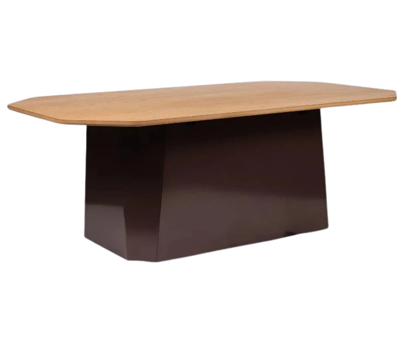 NEATT Petra occasional table front-right view of rectangular table with timber tabletop and sculptural pedestal base.