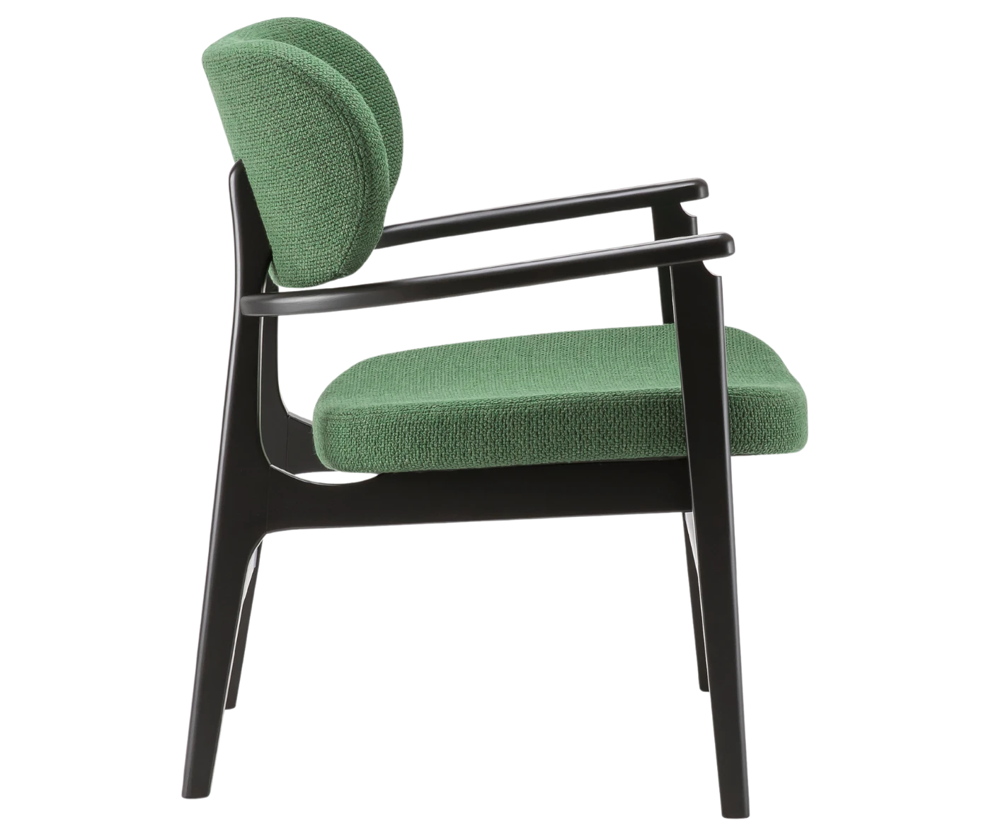 P4 Annalisa L2 lounge chair in right-side view, upholstered seat and backrest, and dark timber frame.