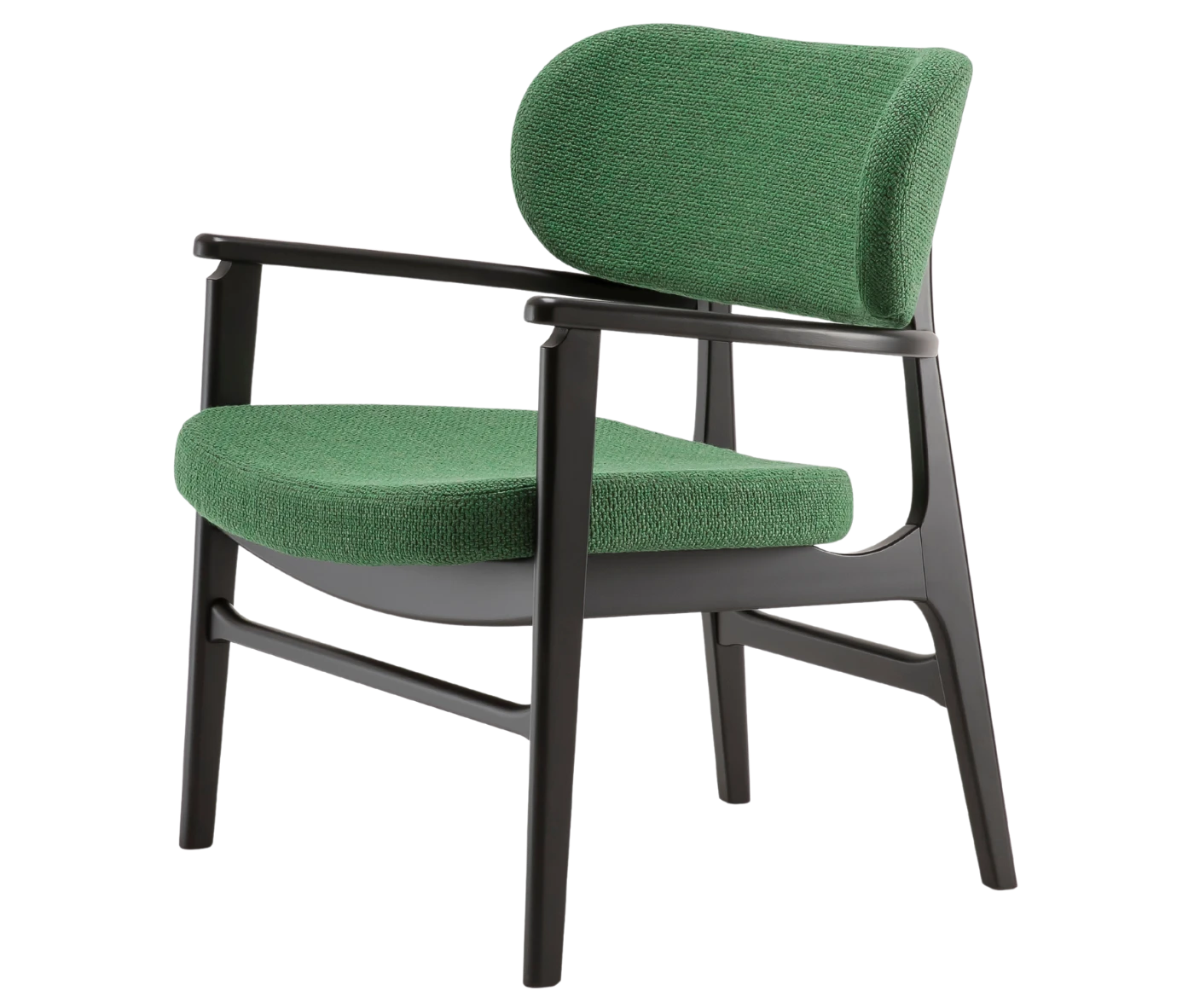P4 Annalisa L2 lounge chair in front-left view, upholstered seat and backrest, and dark timber frame.