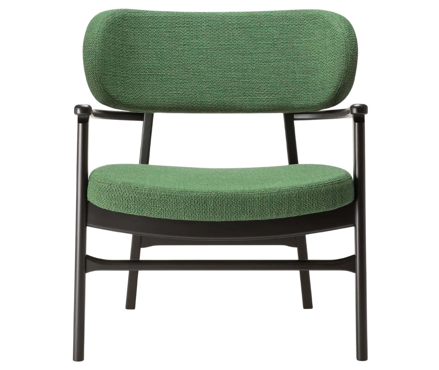 P4 Annalisa L2 lounge chair in front view, upholstered seat and backrest, and dark timber frame.
